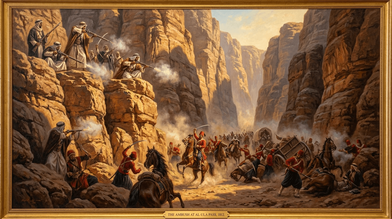 كمين وادي الصفراء — رسم تاريخي لكمين السعوديين المحكم الذي أفنى جيش طوسون باشا في يناير 1812م