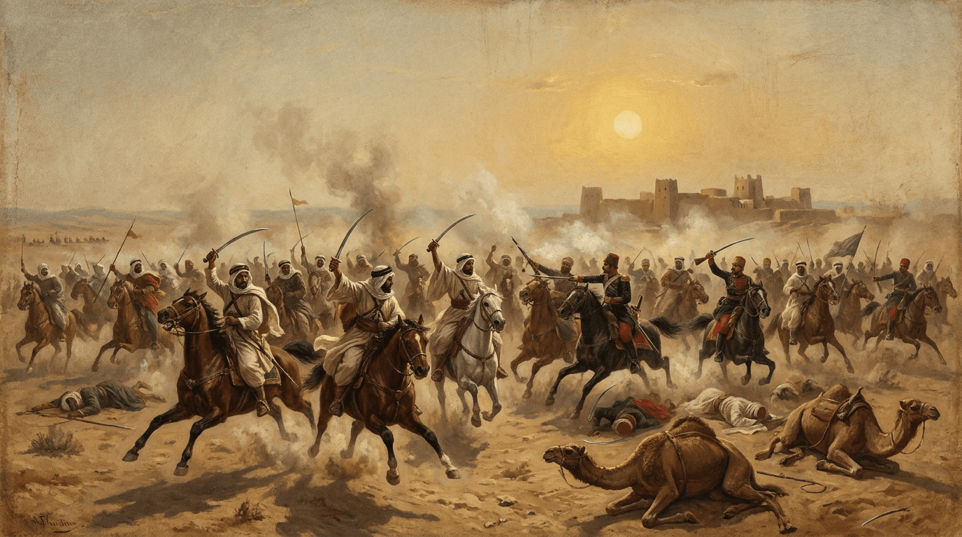وقعة الخراب 1838م — رسم تاريخي لمعركة الفرسان التي أسفرت عن أسر الإمام فيصل بن تركي